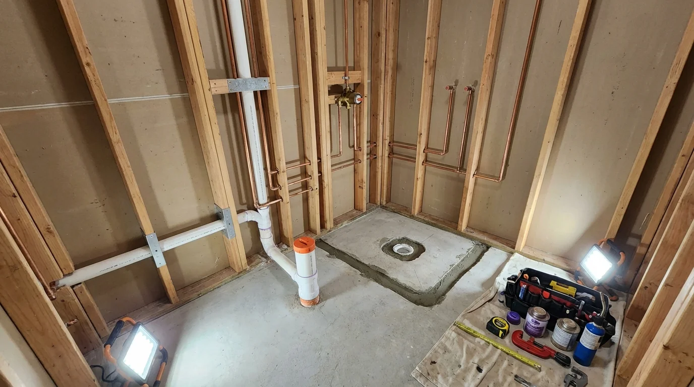 Bathroom rough-in plumbing during remodel by Johns Plumbing LLC in Voorhees
