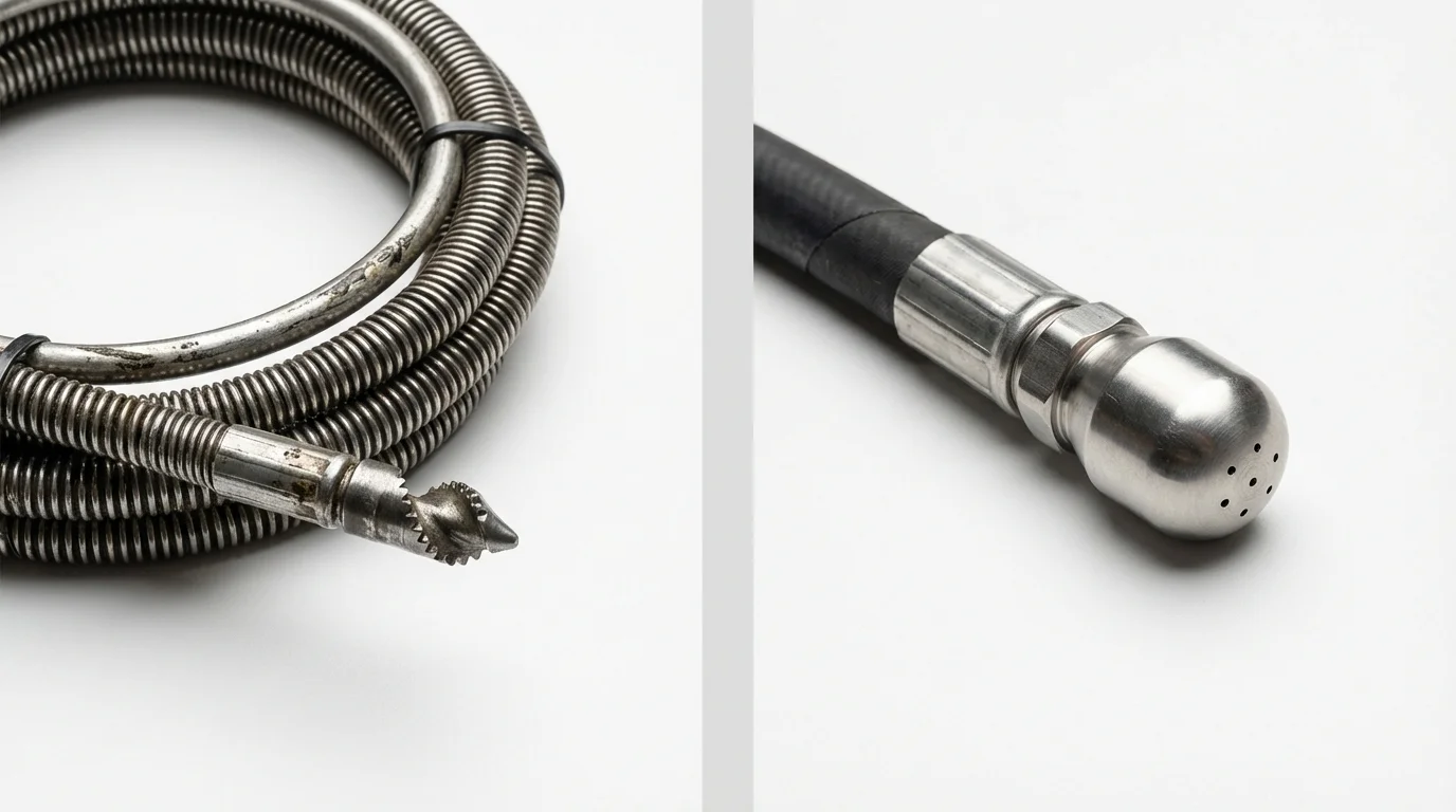 Drain snake cable and hydro jetting nozzle used for drain cleaning in Voorhees, NJ