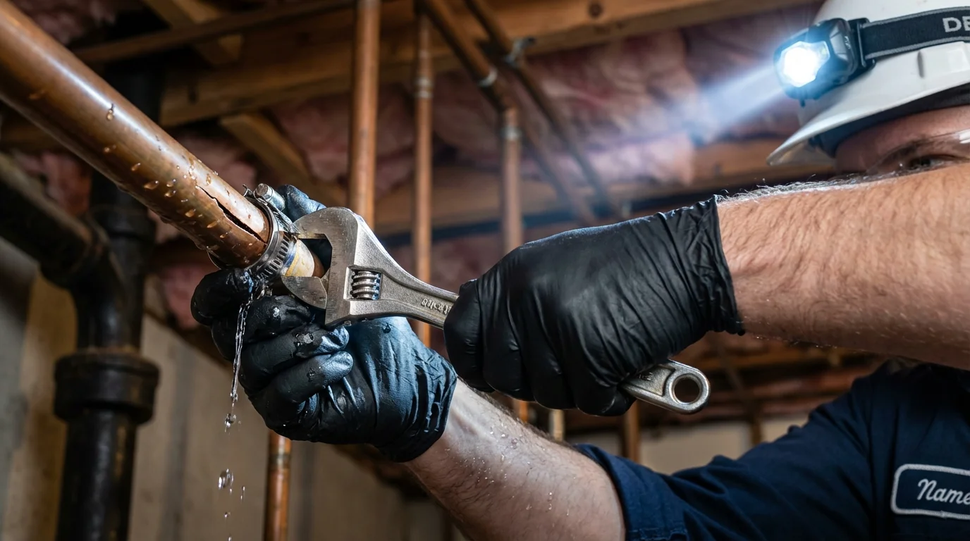 Emergency pipe clamp repair being performed by a Johns Plumbing LLC plumber in Voorhees