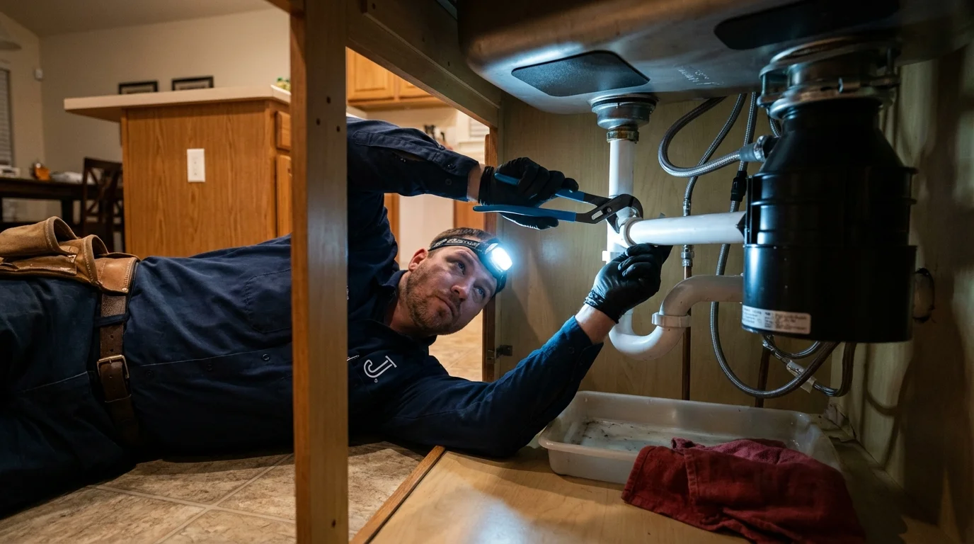 P-trap and supply line connections under a kitchen sink showing a common leak point in Voorhees, NJ